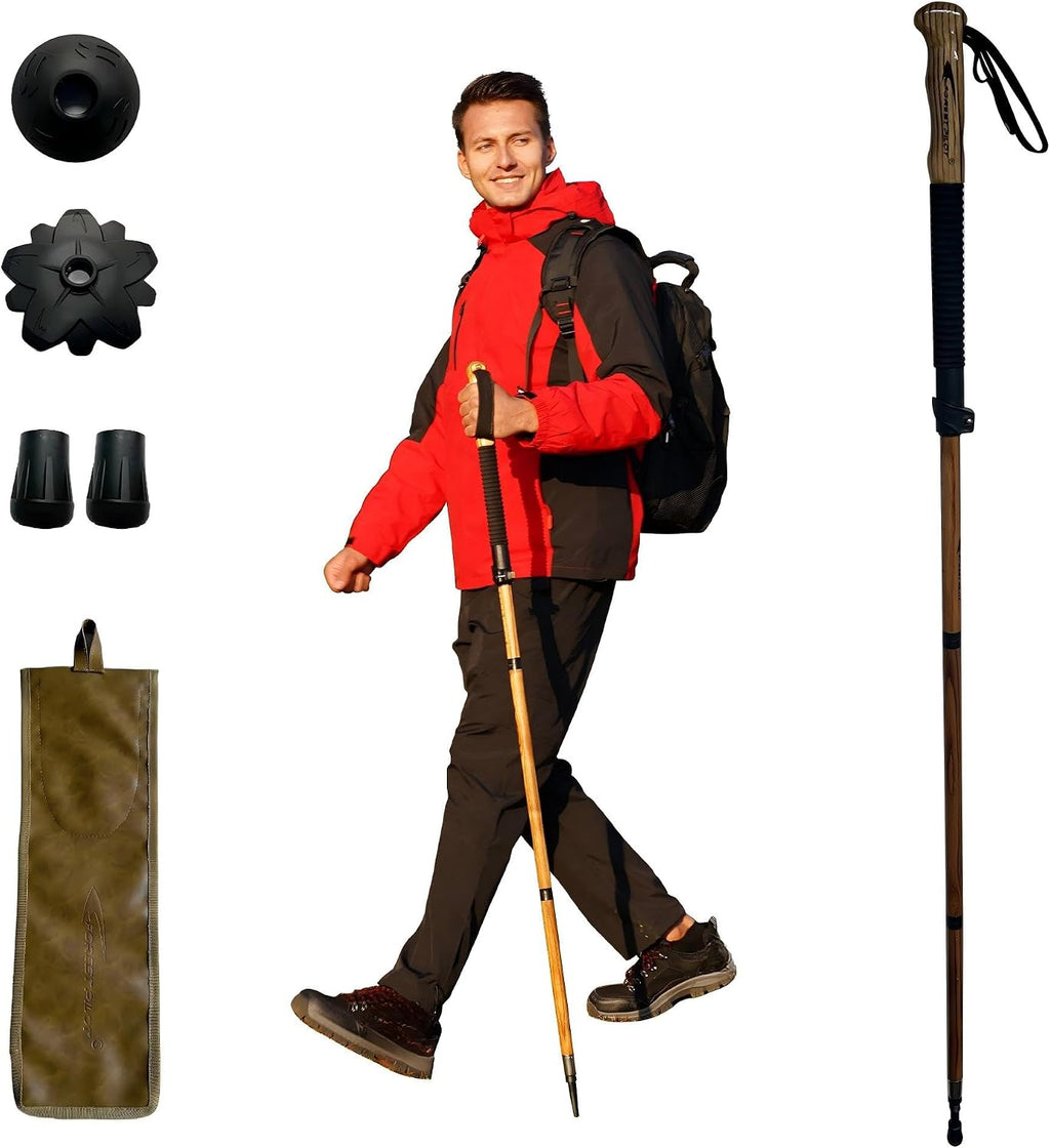 FOREST PILOT 1pc Sassafras Wood Adjustable Walking Stick | Sassafras Wood Material, 3pcs Detachable Flip Lock, All Terrain Accessories, Storage pouch
