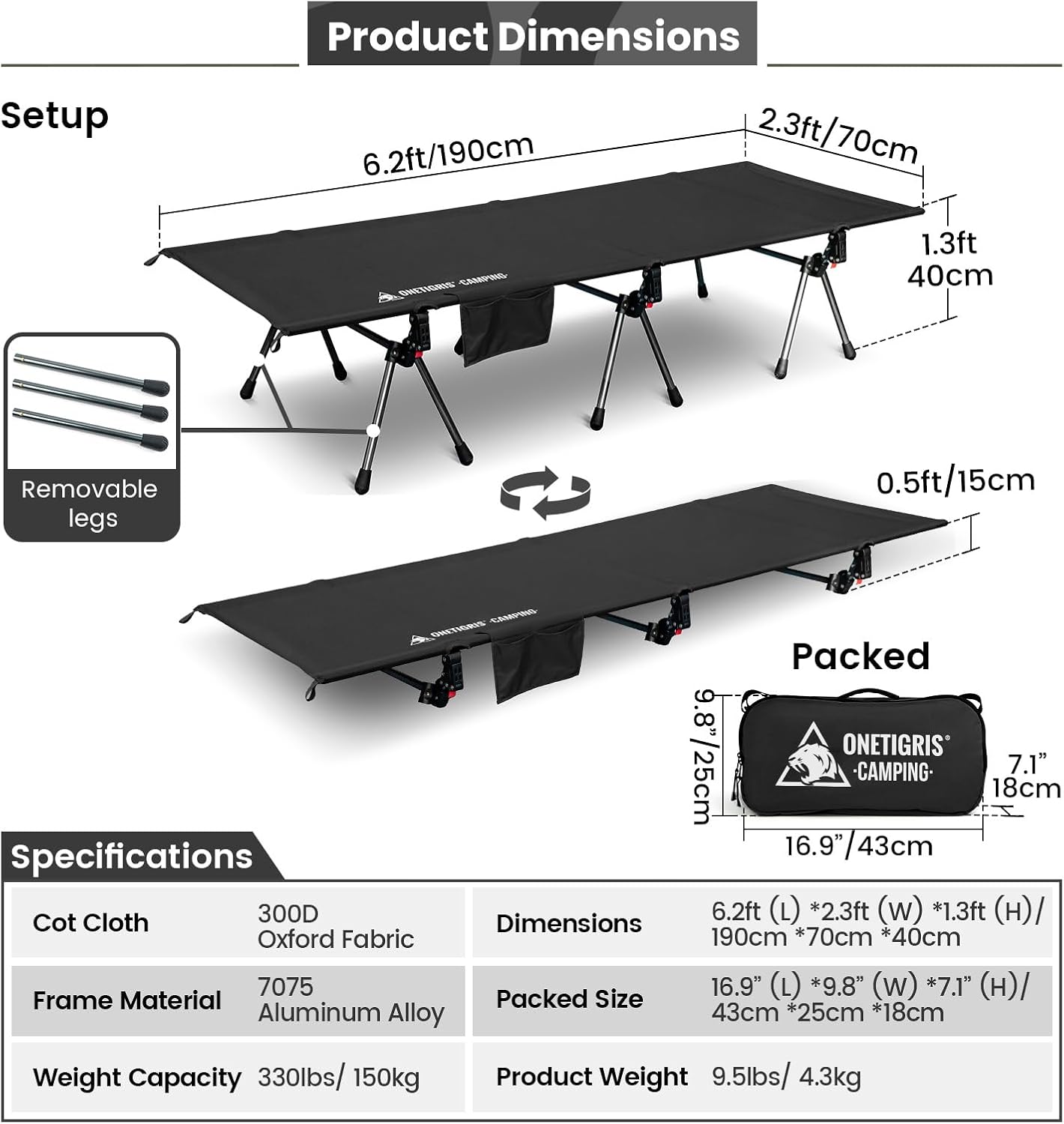 ONETIGRIS SUPRANUBIS Camping Cot, Height Adjustable with Cot Leg Extenders, Strong Support 330lbs, Lightweight Comfortable Folding Bed for Camping, Hiking, Travel, Truck, Beach, Office Nap