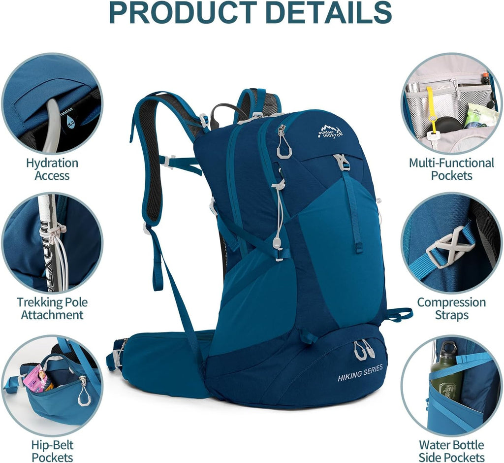 IX INOXTO Hiking Backpack, 26L/40L Waterproof Hiking Daypack with 3L Water Bladder and Rain Cover, Lightweight Travel Camping Backpack for Men Women (Blue)