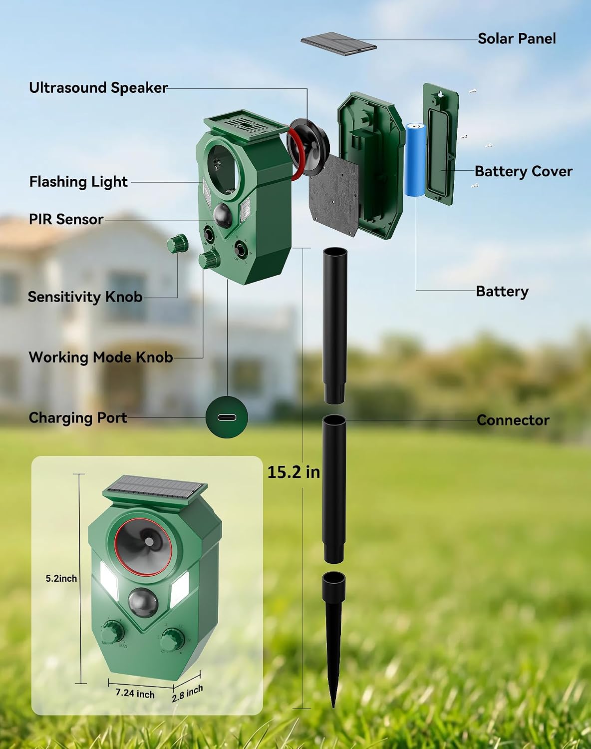 4 Pack Solar Powered Ultrasonic Animal Repellent Outdoor, Motion Activated Deer Repellent Devices with Flashing Lights, Waterproof Cat Repellent Outdoor, Repels Dog, Raccoon, Coyote for Garden & Lawn