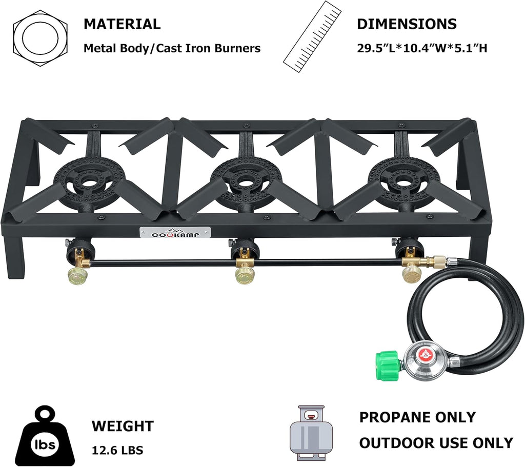 COOKAMP Propane Triple Burner Angle Iron Camp Stove with CSA Listed Regulator and 4ft Hose (SA3200)