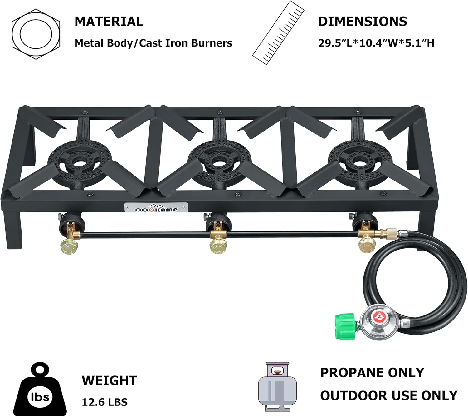 COOKAMP Propane Triple Burner Angle Iron Camp Stove with CSA Listed Regulator and 4ft Hose (SA3200)