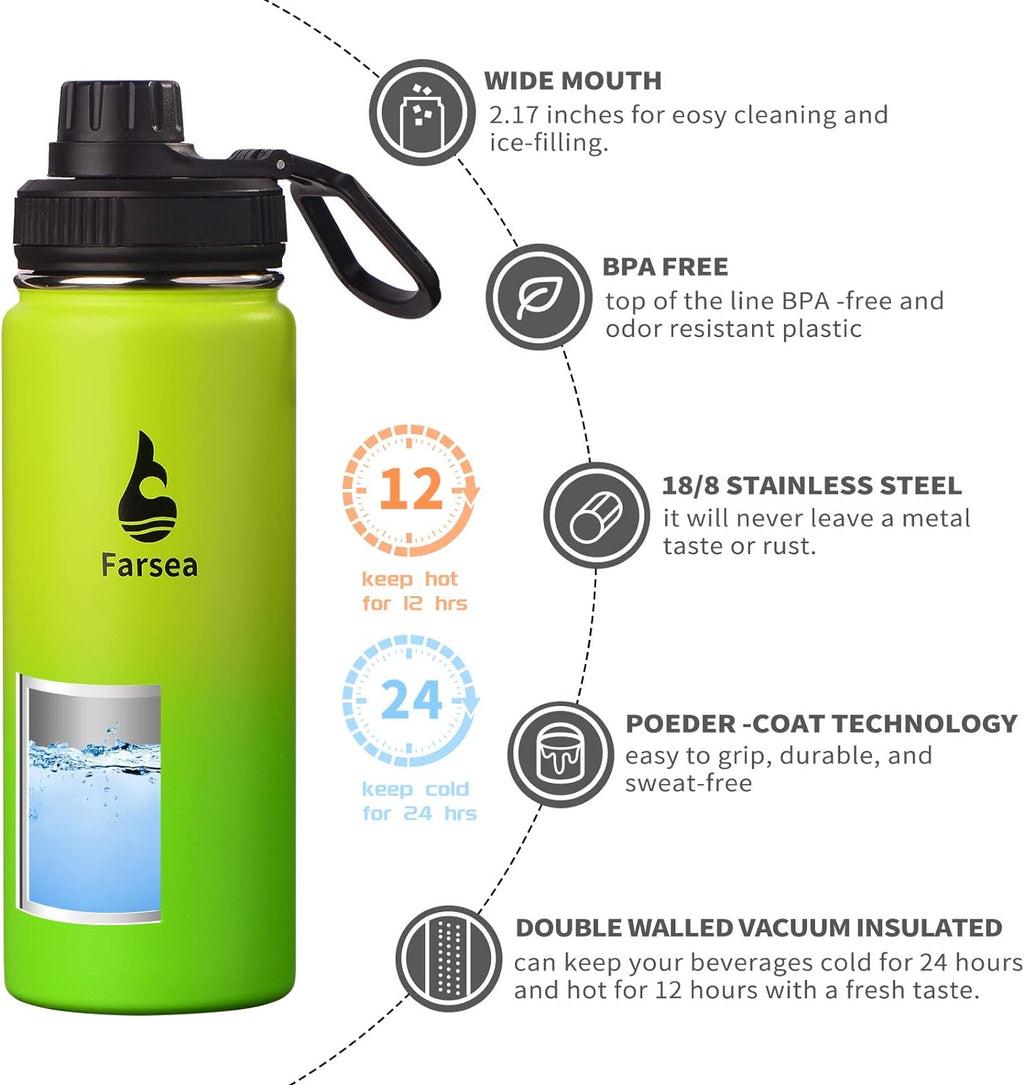 Farsea Insulated Water Bottle With Paracord Handle, Protective Silicone Boot and 2 Lids (Straw Lid & Spout Lid), Stainless Steel Water Bottle Wide Mouth, Double Wall Sweat-Proof BPA-Free, 18 oz