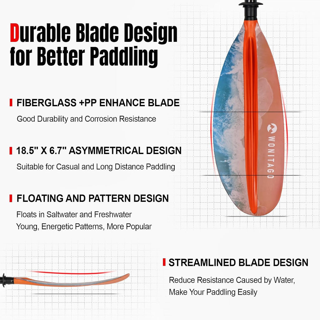 Adjustable Kayak Paddle, Fiberglass Shaft and Reinforced PP Blade