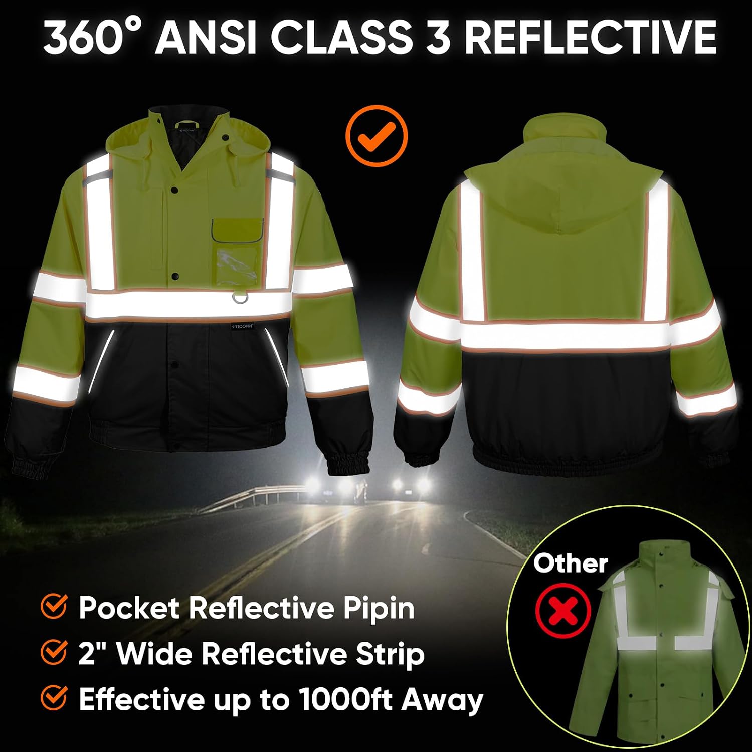 TICONN Hi Vis Safety Bomber Jacket, Fleece-Lined Waterproof ANSI Class 3