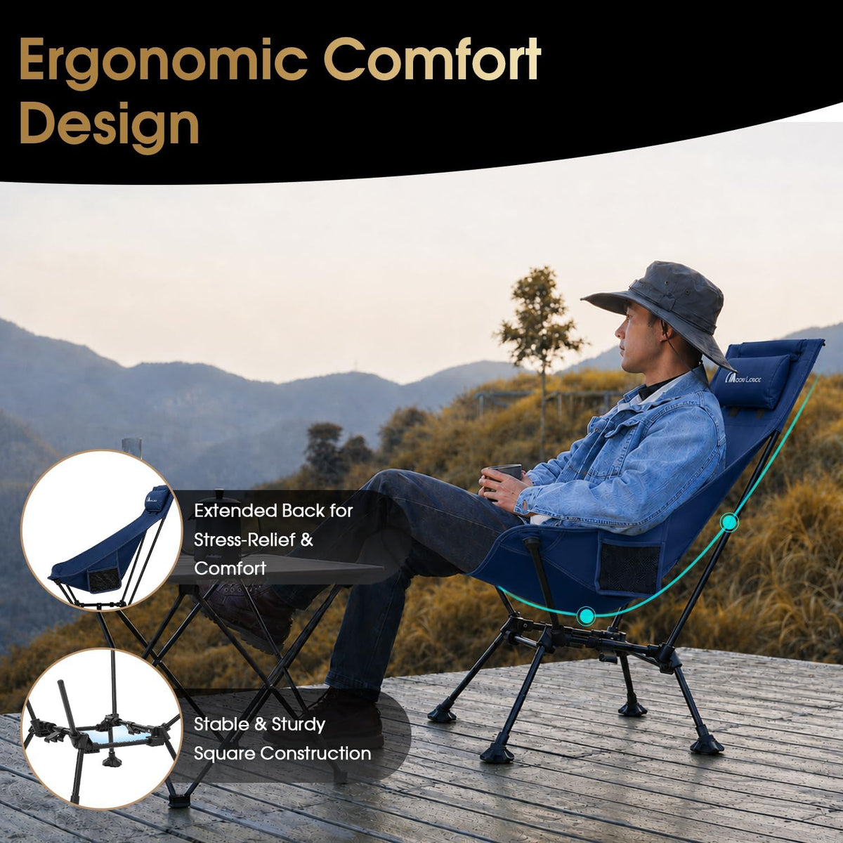 MOON LENCE High Back Folding Camping Chairs, Height-Adjustable, Widened Seat, for Beach with Anti-Sinking Feet (Blue)