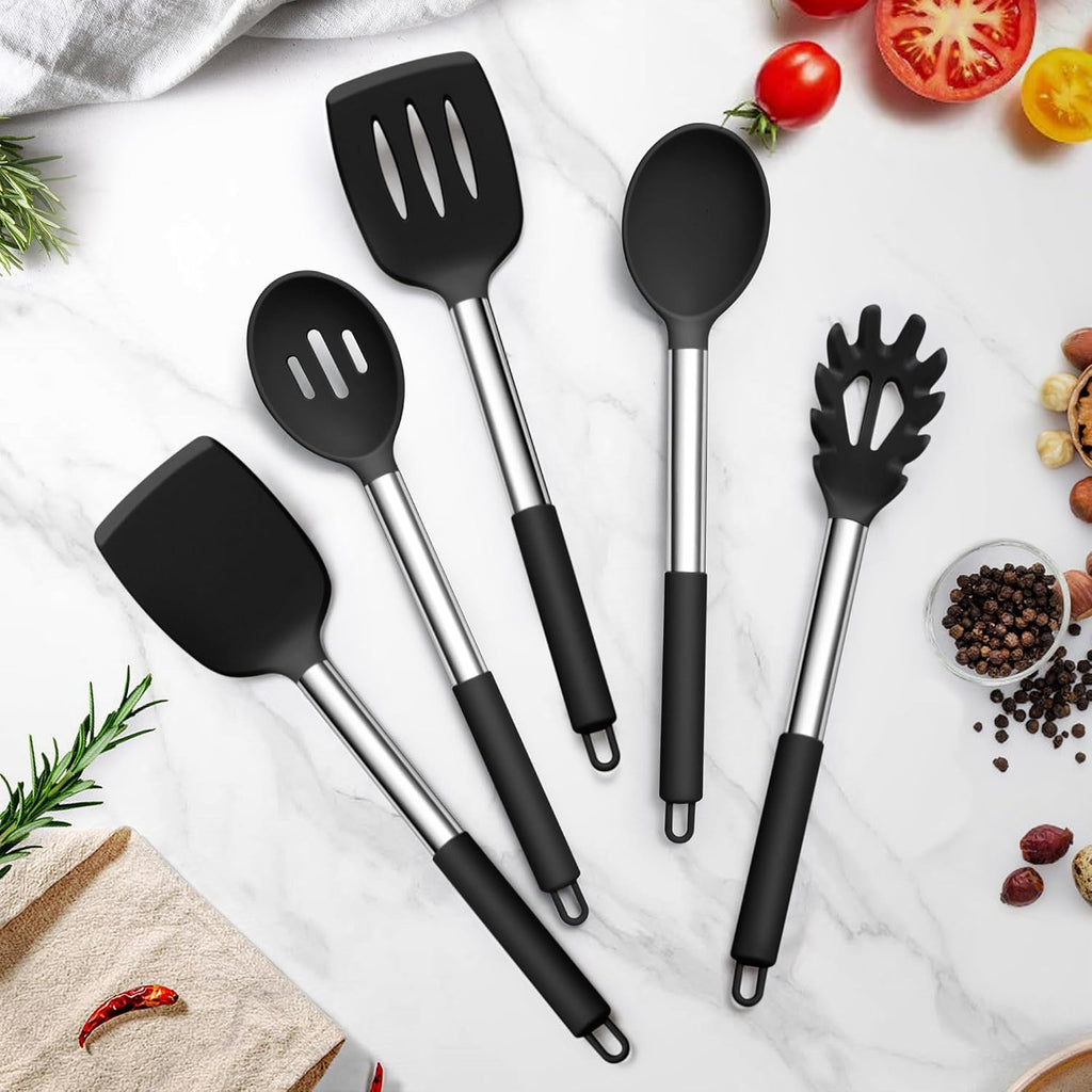 TeamFar Cooking Utensils Set, 5 PCS Silicone Kitchen Utensils, Black