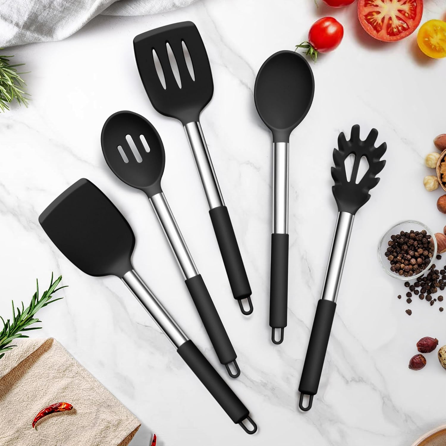 TeamFar Cooking Utensils Set, 5 PCS Silicone Kitchen Utensils, Black