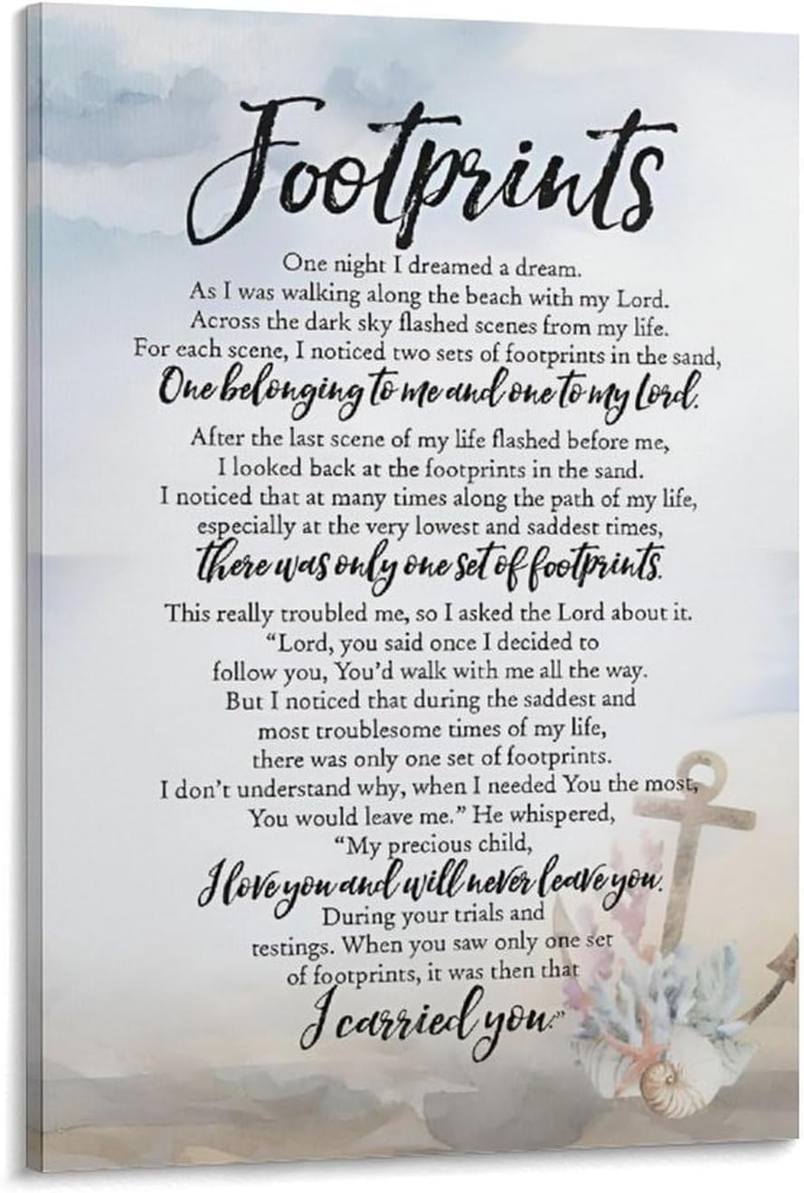 Footprints in the Sand Religious Canvas Wall Art Posters, Inspirational Beach Sunset Poem Print Poster (Framed 24x36inch, Footprints(6))
