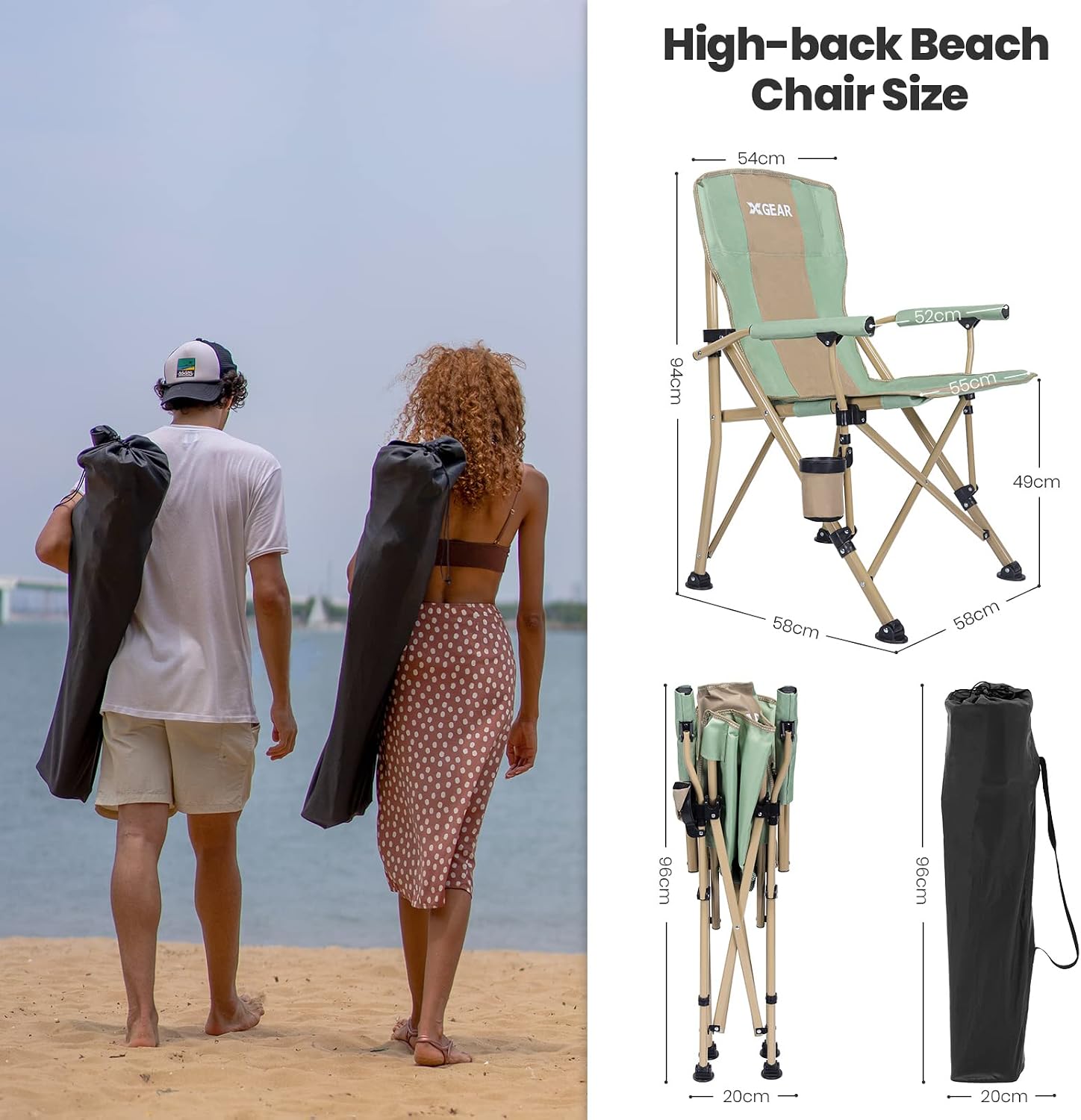XGEAR 330LB Heavy Duty High Back Hard Arm Camping Chair with Cup Holder