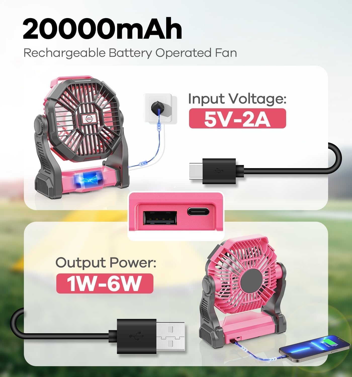 DOWILLDO 30000mAh Portable Battery Powered Camping Fan - with LED Light, Quiet Battery Operated, Camping Gear for Travel, Tent, Beach, Car or Hurricane Power Outages, Pink
