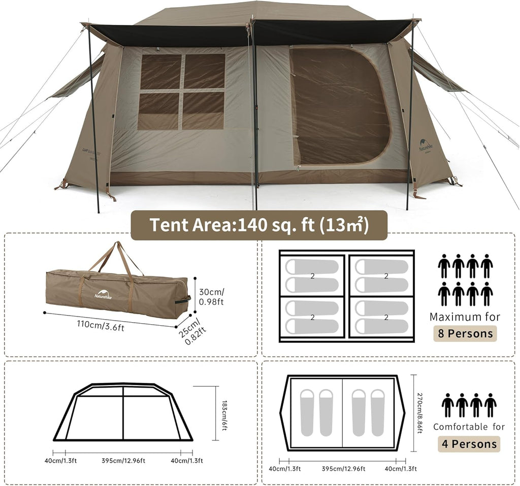 Naturehike Village Instant Tent, 4 Person 8 Person Camping Tent with Full Rainfly, Waterproof Large Cabin Tents for Car Camping