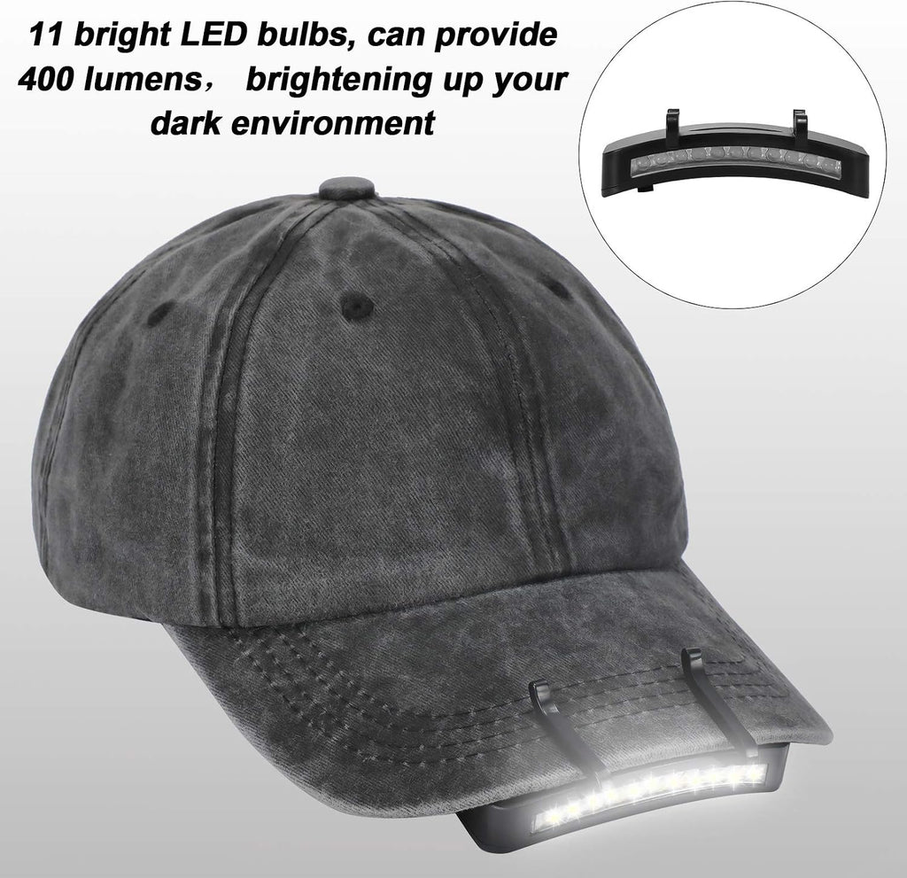Mudder 4 Pcs Black Hat Lights Clip on Battery Powered 11 LED Cap Flashlight