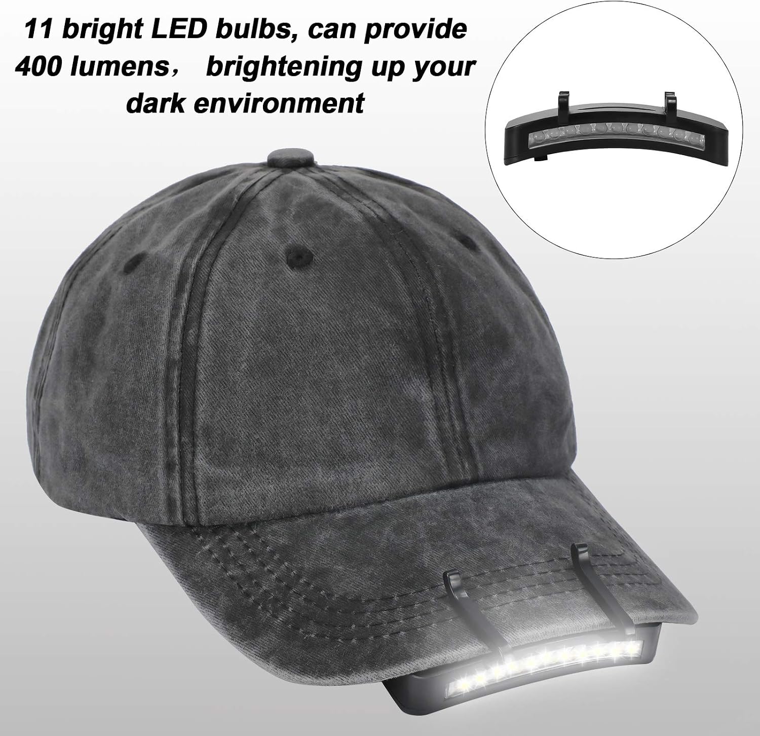 Mudder 4 Pcs Black Hat Lights Clip on Battery Powered 11 LED Cap Flashlight
