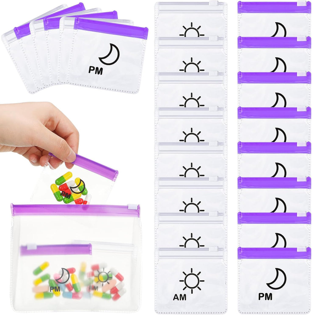 Colarr 56 Pcs AM PM Pill Pouches Bags Travel Zippered, Blue, Purple
