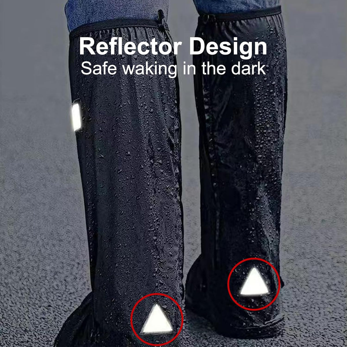 Waterproof Shoe Covers, Reusable & Foldable Rain Boot Shoe Cover with Zipper, Non-Slip, Reflector, Men Women Rain Gear, Black