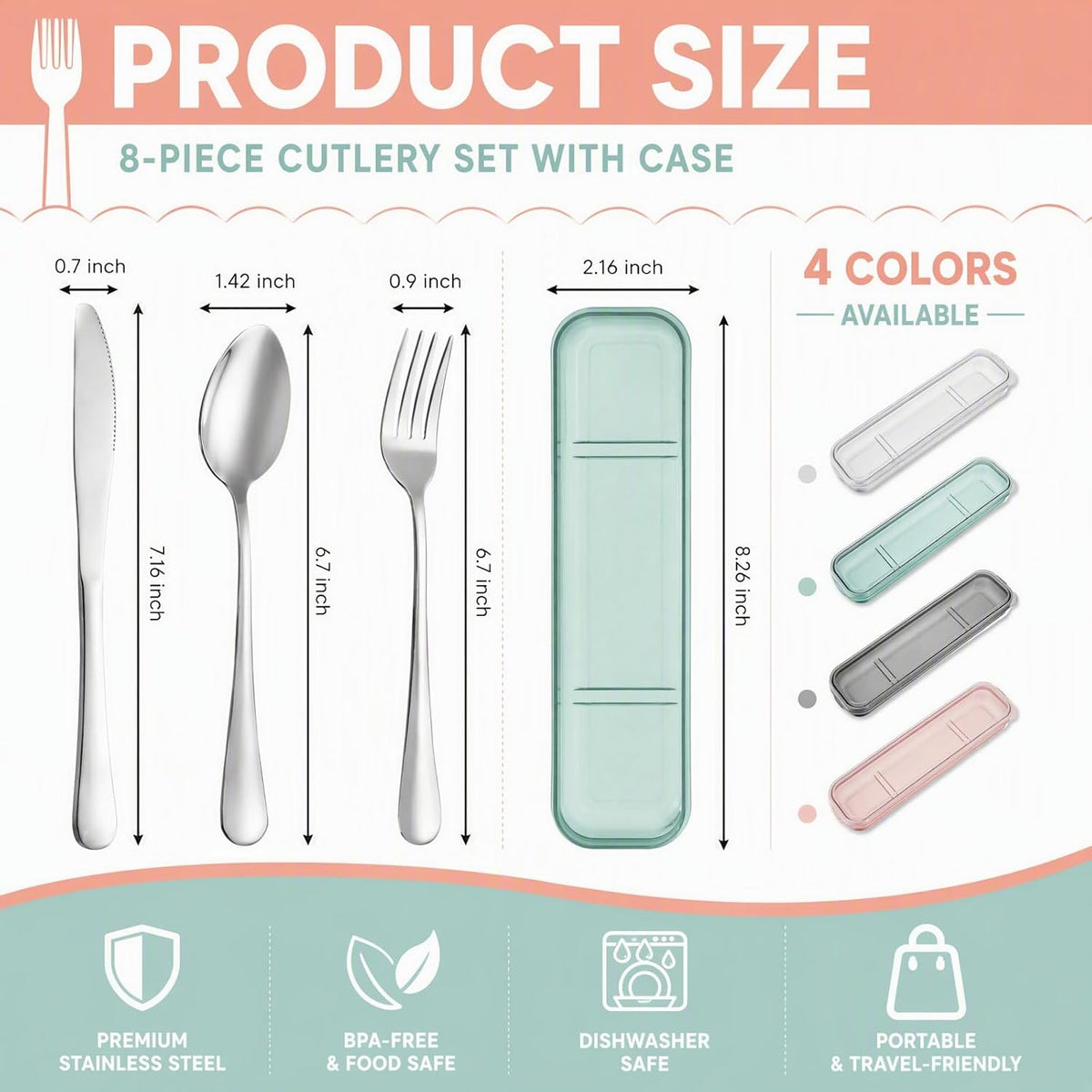 Nicunom 8 Pack Travel Silverware Set with Case, Reusable Utensils for Lunch