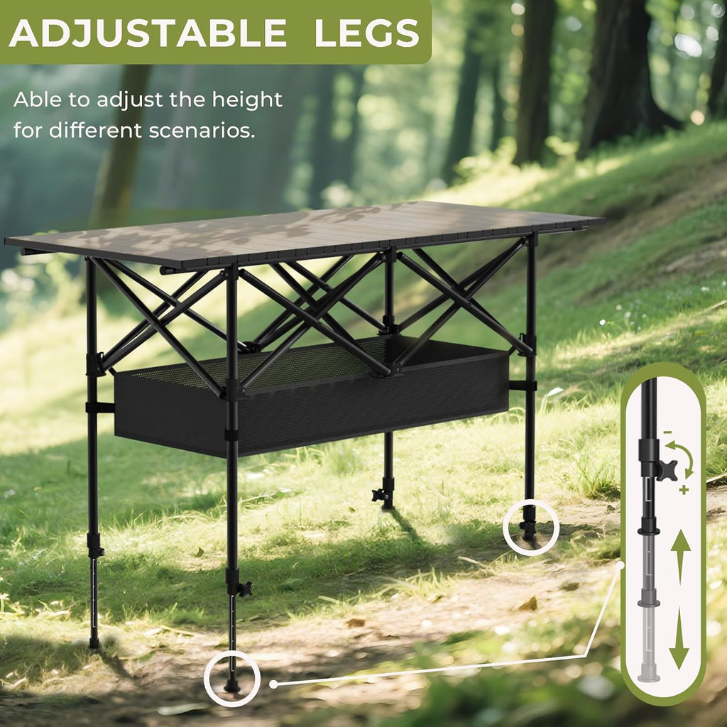 4FT Folding Camping Table,Portable Roll-up Picnic Table with Carry Bag & Mesh Storage,Lightweight Camp Table for Camping,Picnic,Backyard,Party,Patio,BBQ