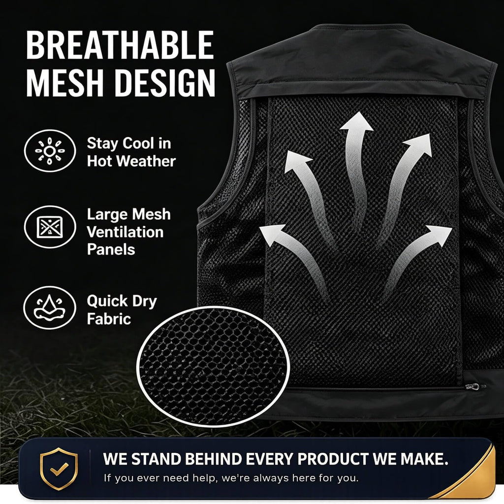Outdoor Utility Vest for Men & Women, Lightweight Breathable Mesh Vest with Multiple Pockets for Fishing, Photography, Hiking, Camping, Travel & Safari, Black