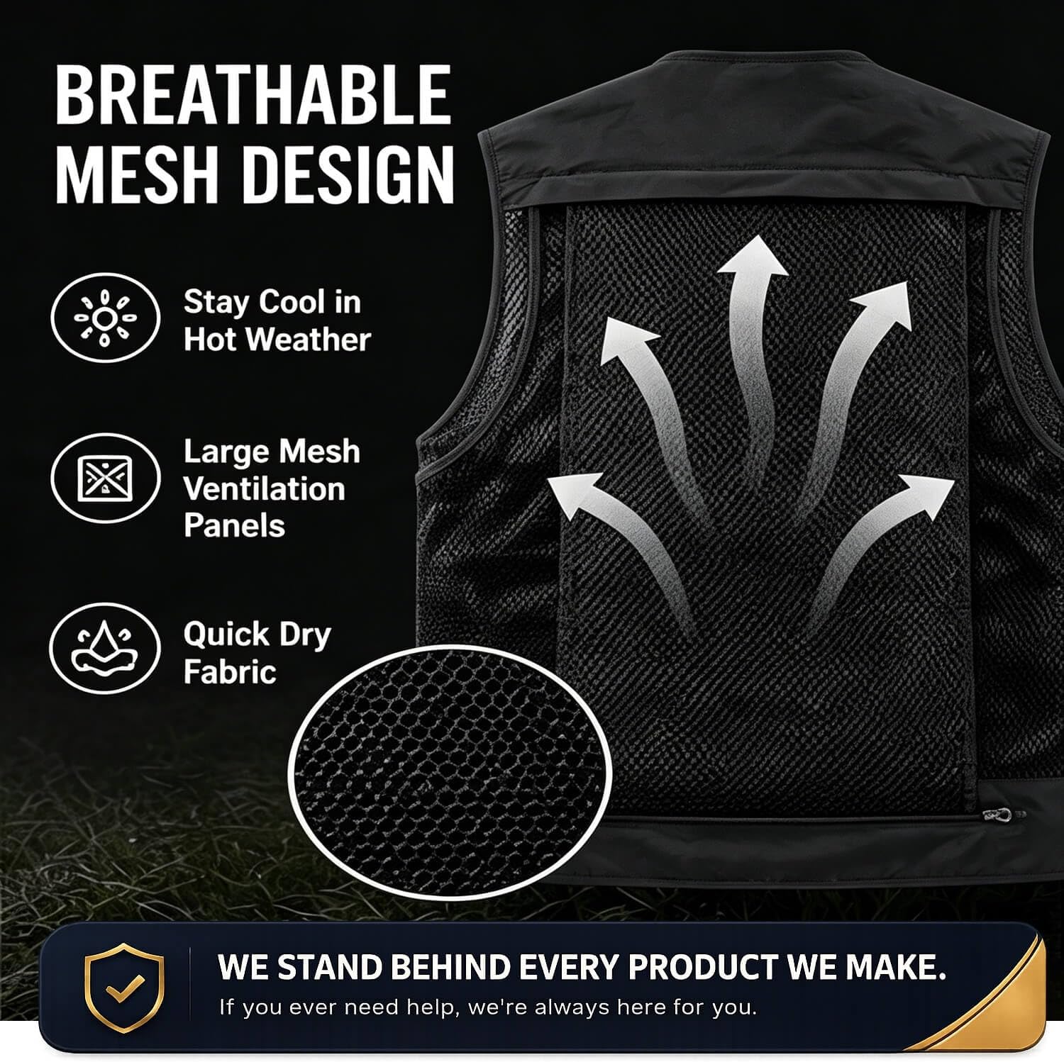 Outdoor Utility Vest for Men & Women, Lightweight Breathable Mesh Vest with Multiple Pockets for Fishing, Photography, Hiking, Camping, Travel & Safari, Black
