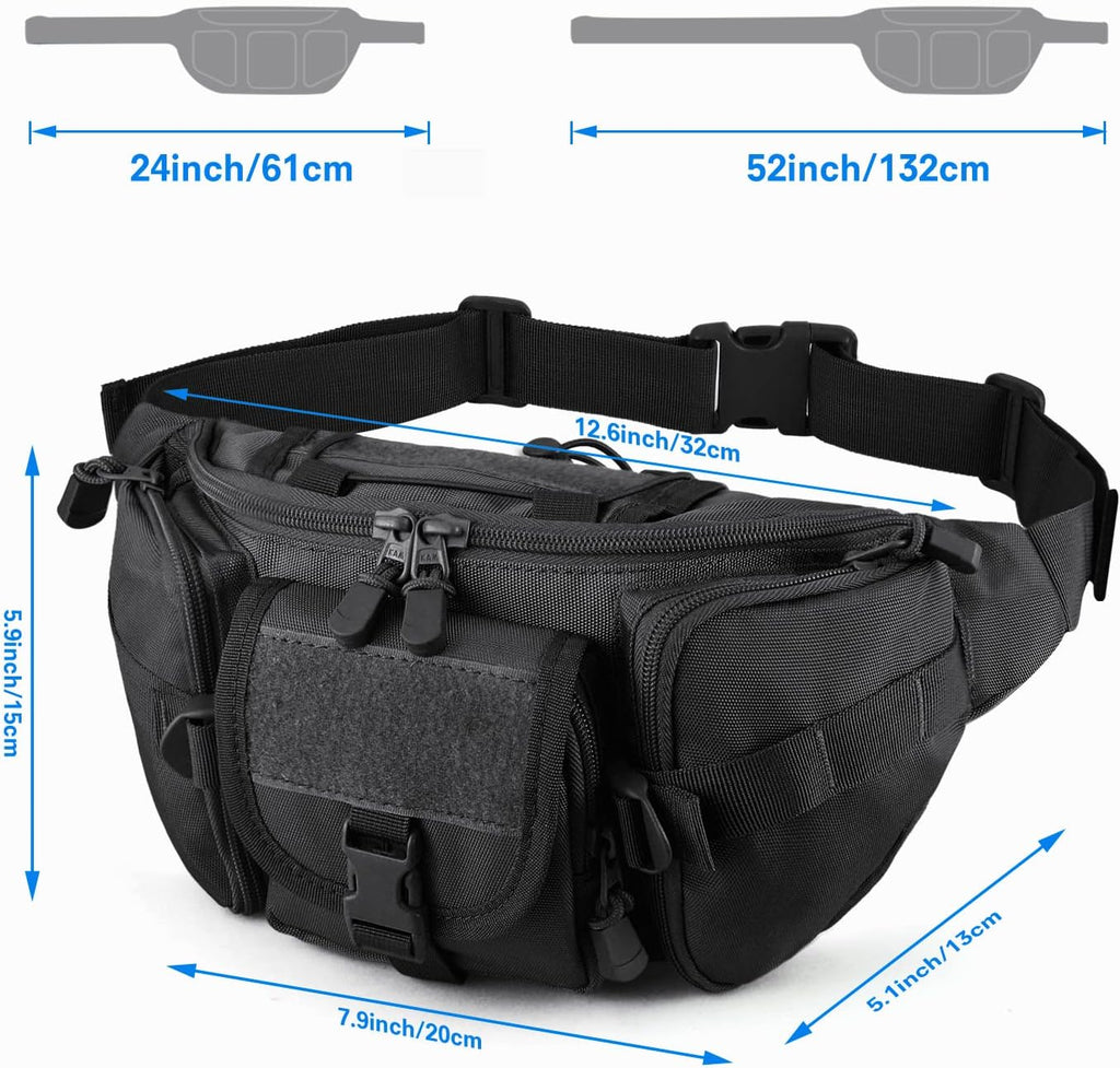 SOWHUP Tactical Fanny Pack,Military Waist Bag Pack with U.S Patch Utility Hip Belt Bumbag for Outdoor Fishing Hiking (Black(5 Zipper Pockets))