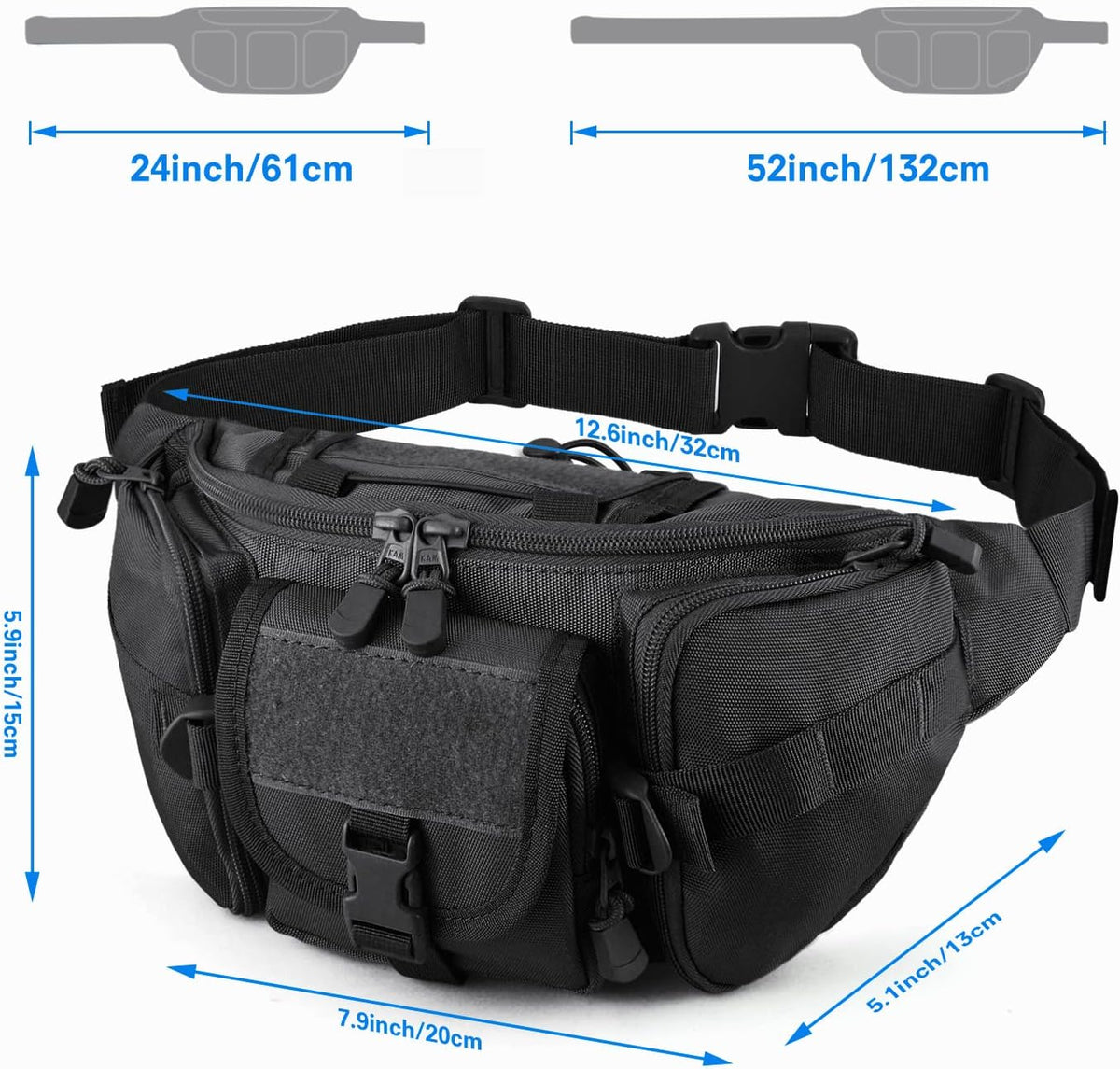 SOWHUP Tactical Fanny Pack,Military Waist Bag Pack with U.S Patch Utility Hip Belt Bumbag for Outdoor Fishing Hiking (Black(5 Zipper Pockets))