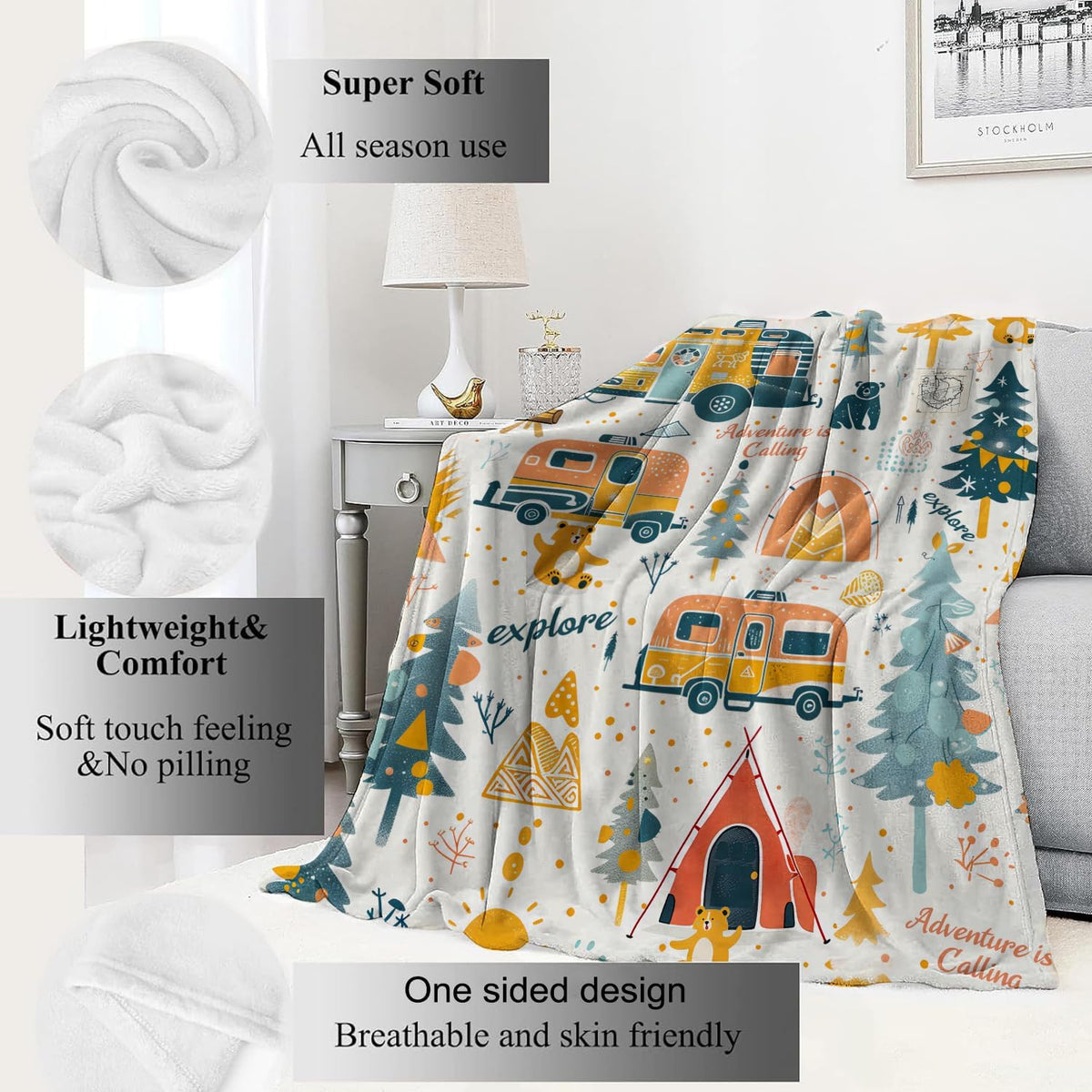 Adventure Camping Blanket Outdoor Camper Picnic Throw Blankets Gifts for Girls Adults Lightweight Soft Fleece Cozy for Sofa Couch Bed Room Travel Birthday Party Decor 50x60in