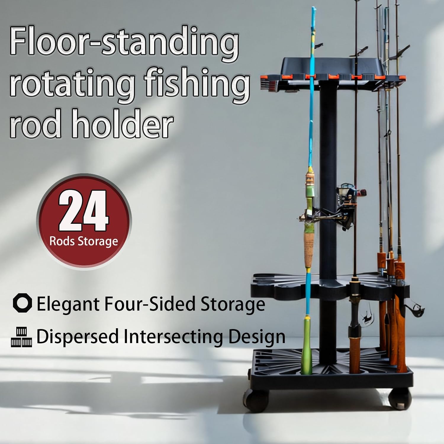 Freestanding Rotating Fishing Rod Rack – No-Drill Lure Rod Stand, Home Display Organizer, Tool-Free Assembly, Holds up to 24 Rods, (With Rolling Wheels)