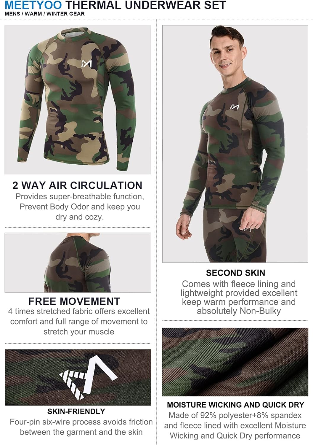 MEETYOO Thermal Underwear for Men, Winter Gear Long Johns Base Layer Top and Bottom Set for Skiing Running