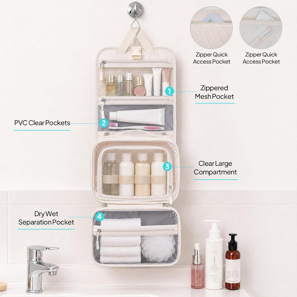 TOPEAST Quilted Travel Toiletry Bag for Women,Detachable Hanging Makeup Bag