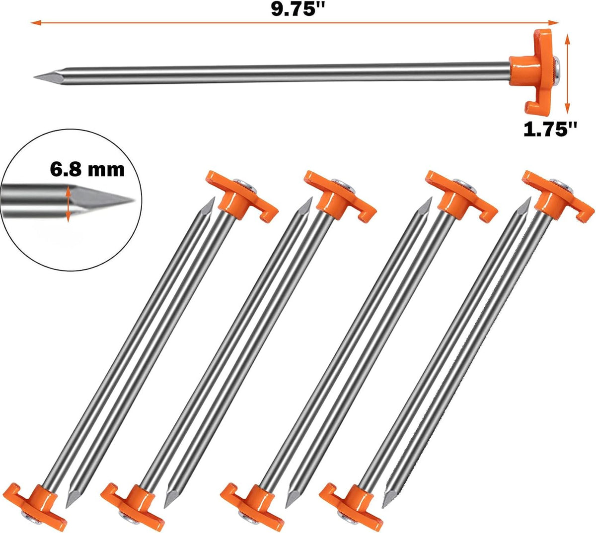 Cheardia 20 Pack Tent Stakes Heavy Duty, 9.75 Inch Yard Stakes Non-Rust Metal Tent Pegs Ground Stakes Tent Spikes for Camping Patio, Garden, Canopies, Grassland, Outdoor, Orange