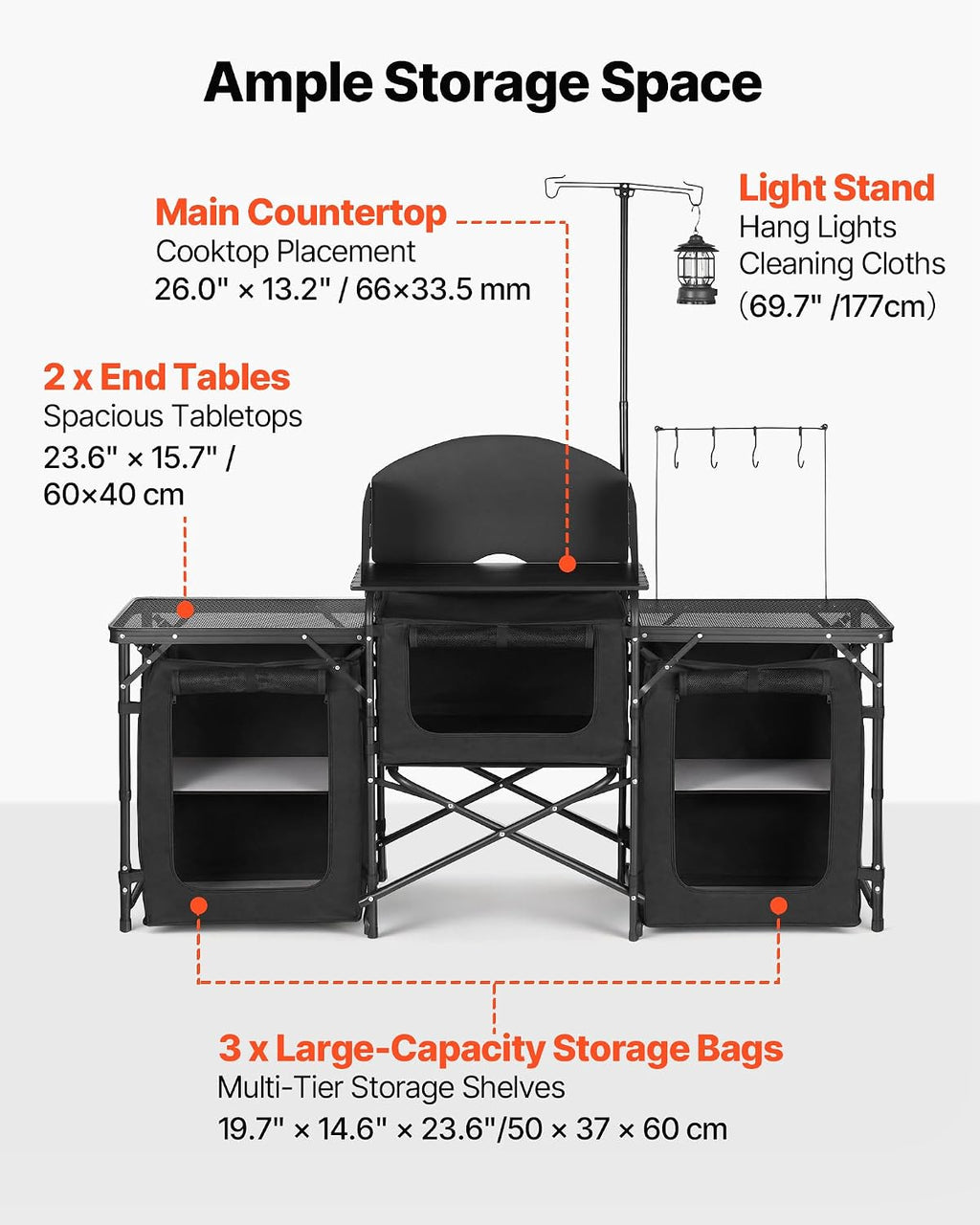 VEVOR Camping Kitchen Table, Outdoor Camp Cooking Table, Portable Cook Station with Storage Cupboard, Carrying Bag, Detachable Windscreen, Quick Set-up for BBQ Party Picnic RV Travel, Black