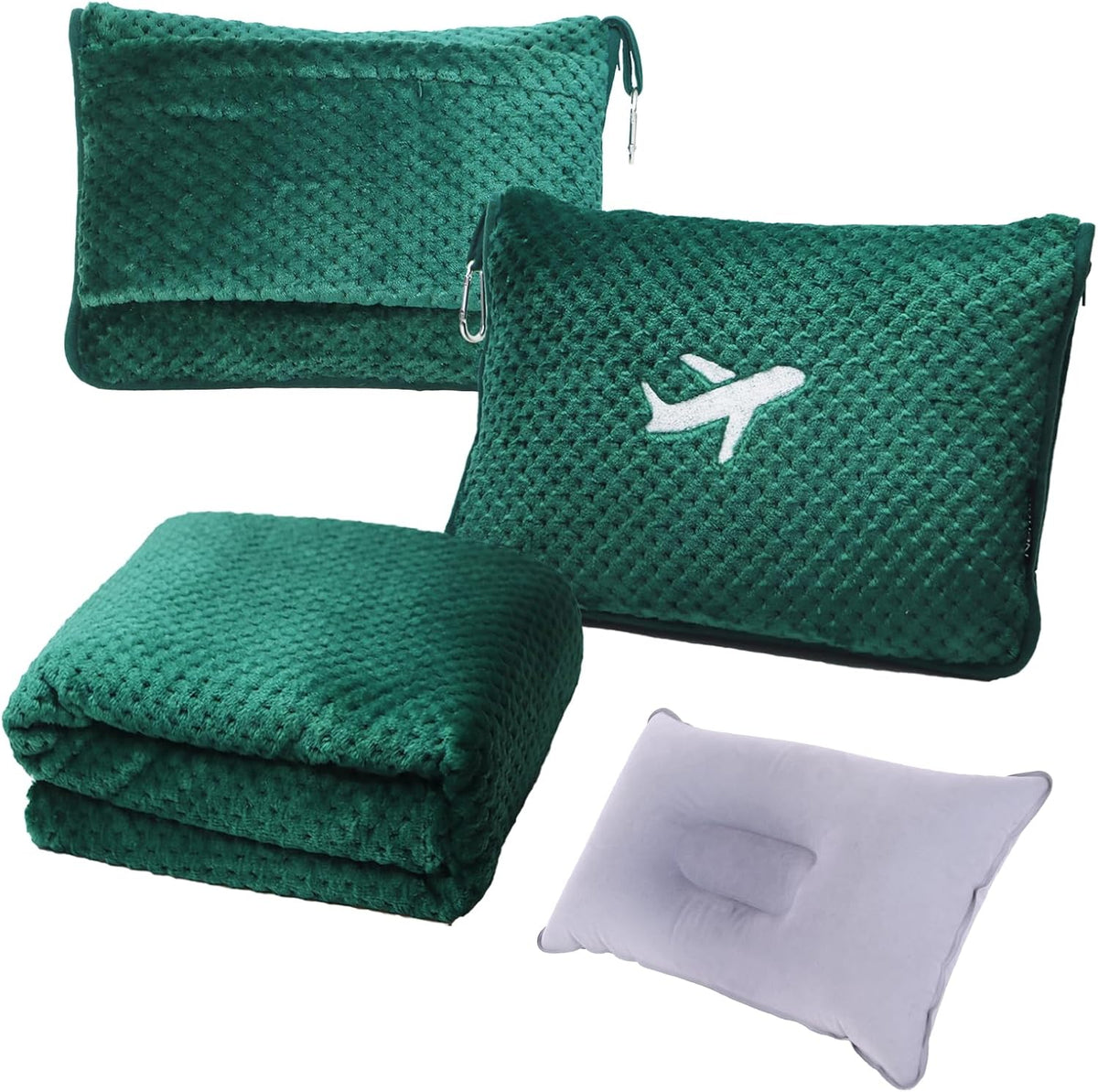 3 in 1 Travel Blanket Pillow Set - 350 GSM Thick Travel Blanket Airplane Compact with Bag, Soft Bag with a Pocket, Inflatable Travel Pillow for Camping & Car Trip (Blush Pink)