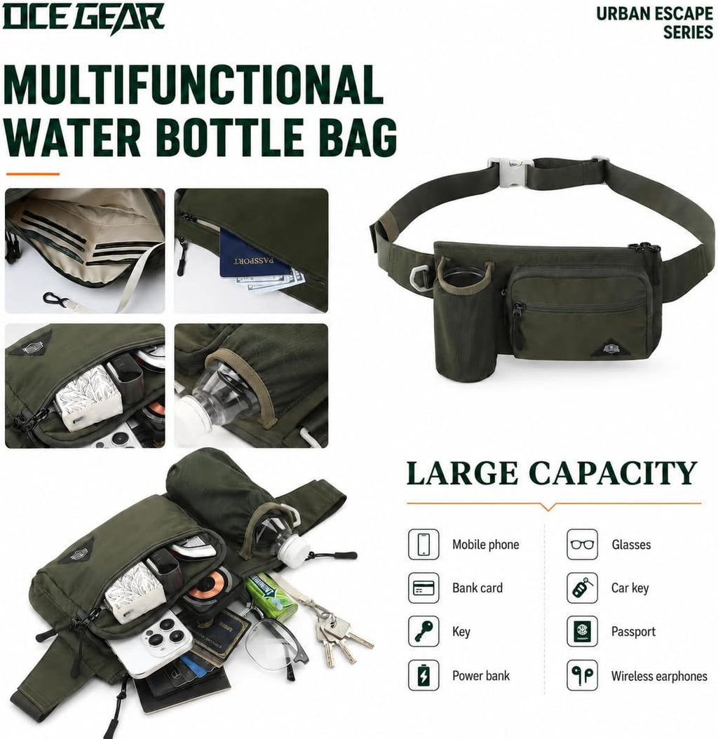 Fanny Pack with Water Bottle Holder for Men Women Waist Bag Running Waist Pack Waterproof for Outdoor Travel Cycling Climbing Walking Fit All Phones (Bottle Not Included) (Green)