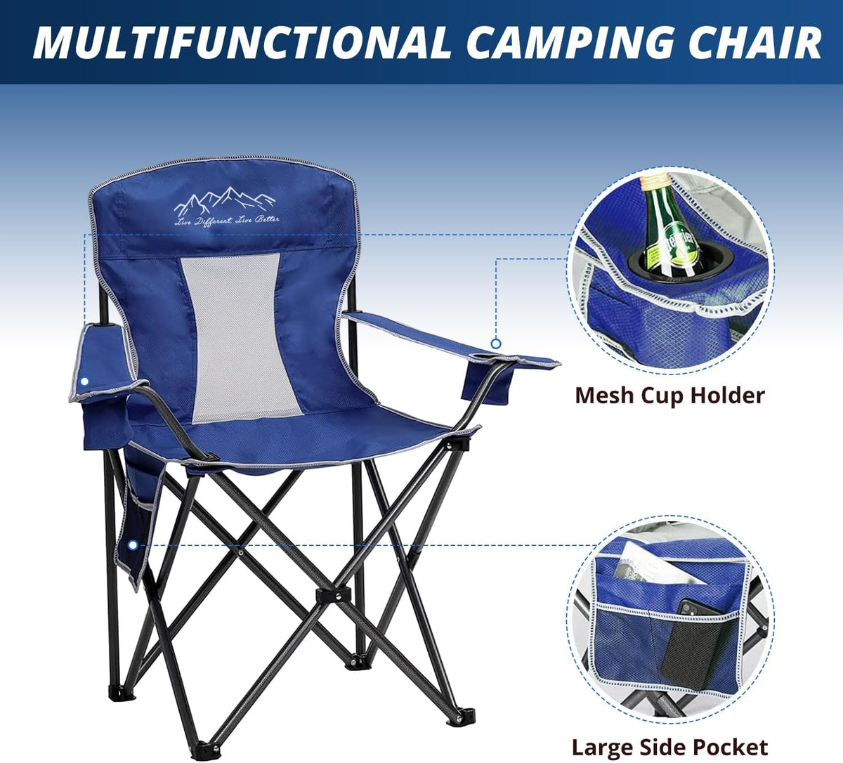 2PCS SAILARY Mesh Folding Camping Chairs, Oversized Portable Outdoor Chairs, Weight Capacity 325 lbs with Cup Holder, Storage Pocket, Carry Bag Blue