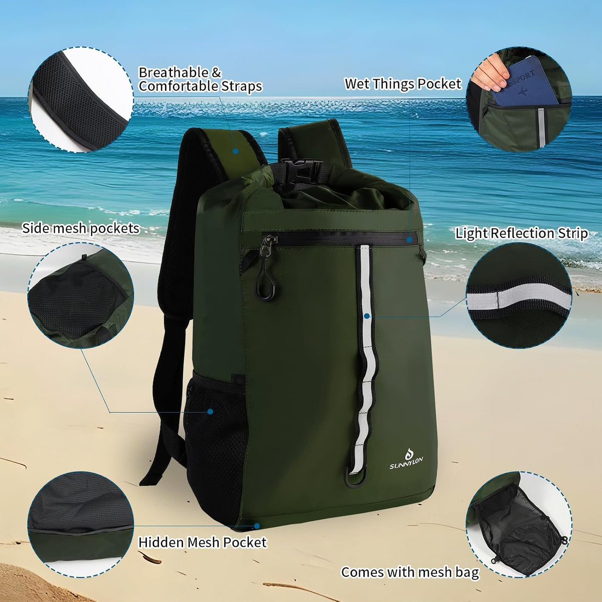 Dry Bag Backpack,20L Dry bags Waterproof Kayaking with Waist Pouch and Phone Case,Waterproof Backpack Marine dry bag for Kayaking,Beach,Rafting, Boating,Hiking,Camping and Fishing (Green)