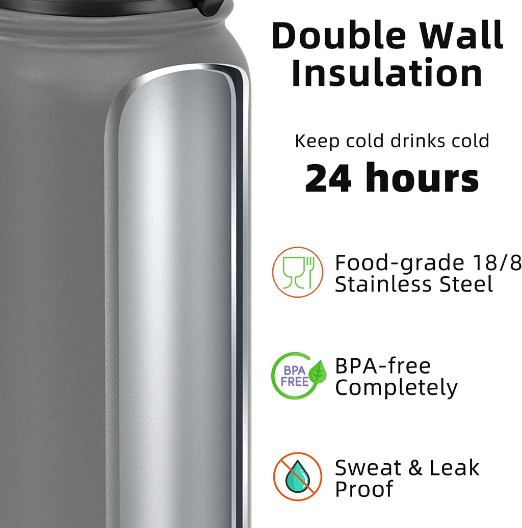 Fanhaw 20oz Kids Stainless Steel Water Bottle with Straw Lid, Gray