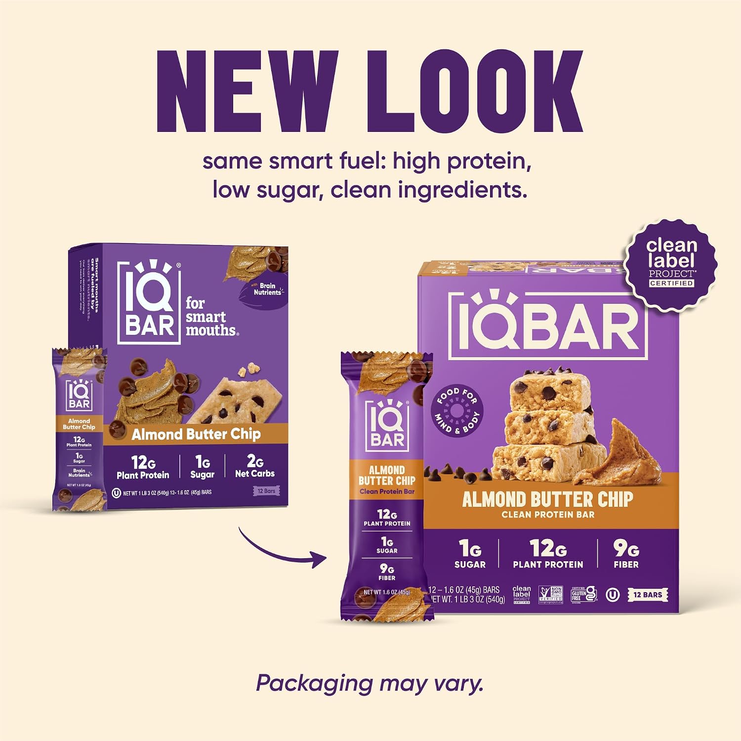 IQBAR Clean Protein Bars, Low Sugar Keto, Almond Butter Chip 12-Count