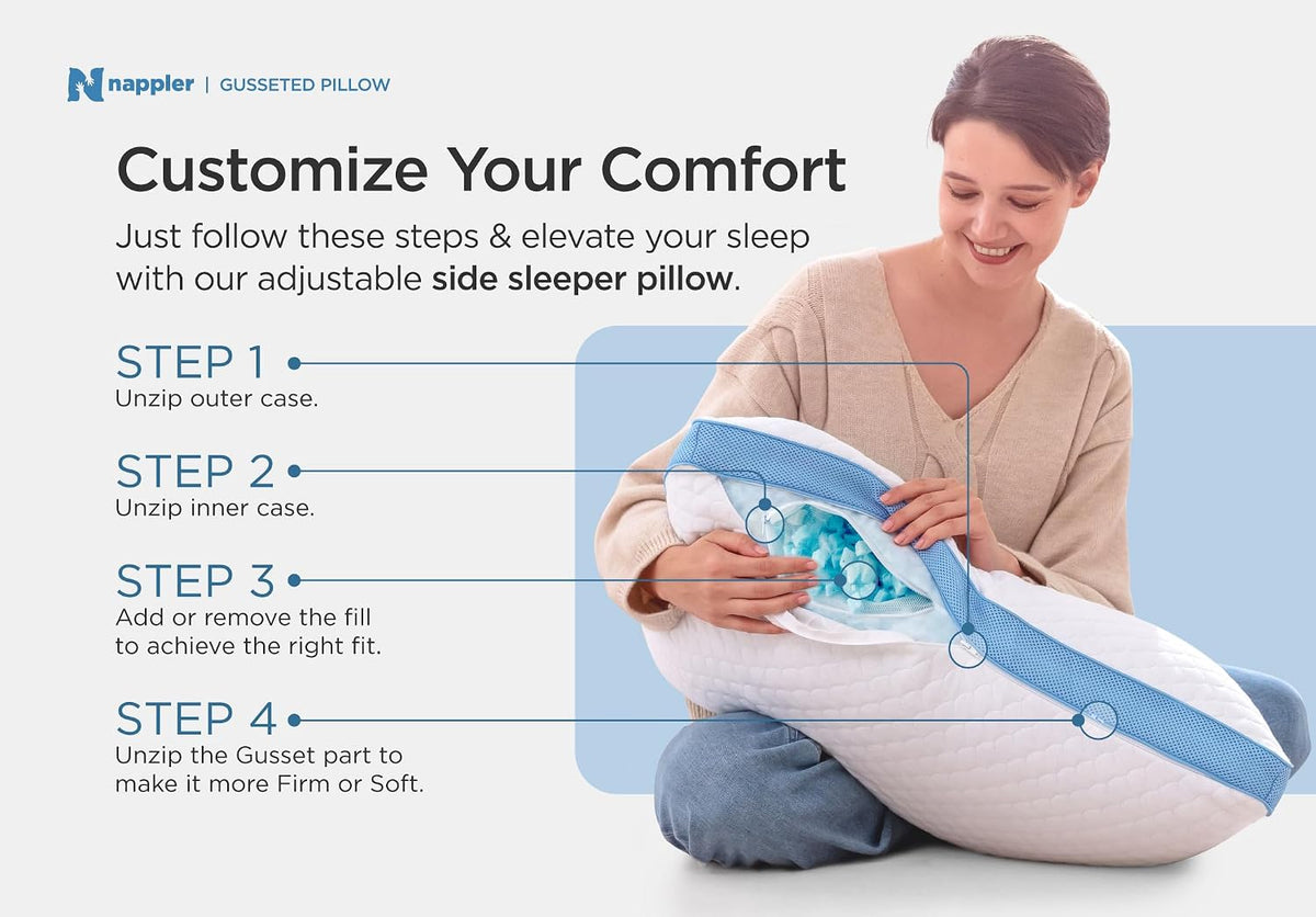 Nappler Side and Back Sleeper Pillow for Neck and Shoulder Pain Relief - Shredded Memory Foam Bed Pillow for Sleeping - 100% Adjustable Fill - Standard Size Modal Washable Case. Extra Fill Included
