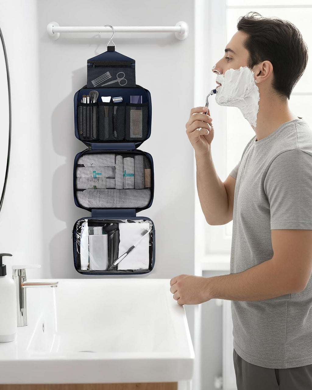 Maliton Toiletry Bag for Men & Women Travel Toiletry Bag Hanging Toiletry Bag Hygiene Organizer with 4 Compartments Waterproof Bathroom Shower Bag Large Toiletries Travel Bag(Black (Navy Blue)