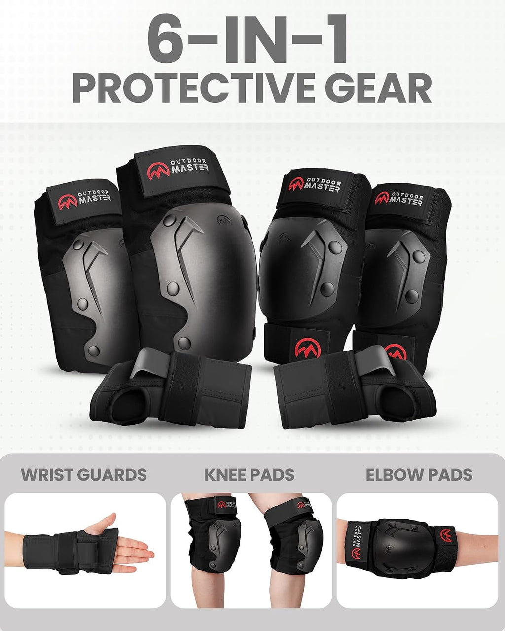 OutdoorMaster Skateboard Knee Pads Elbow Pads Wrist Guards for Adult Youth