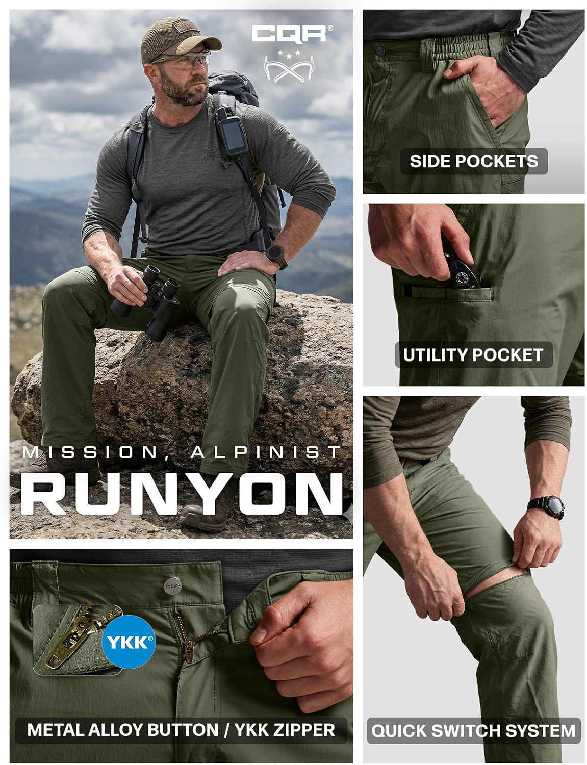 CQR Men's Convertible Cargo Tactical Pants, Water Resistant Outdoor Hiking Pants, Zip Off Lightweight Stretch Work Pants