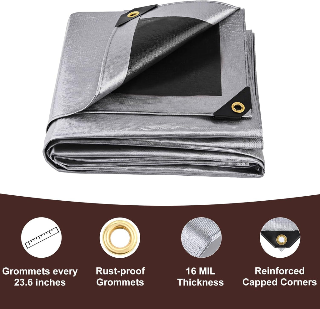 Sunvigor Tarp Waterproof 16x20Ft, Extra Thick 16 Mil Heavy Duty Tarp Cover, Tear & Fade Resistant, Outdoor Tarps with Brass Grommets and Reinforced Edges for Roof, Camping, Patio, Boat (Silver/Black)