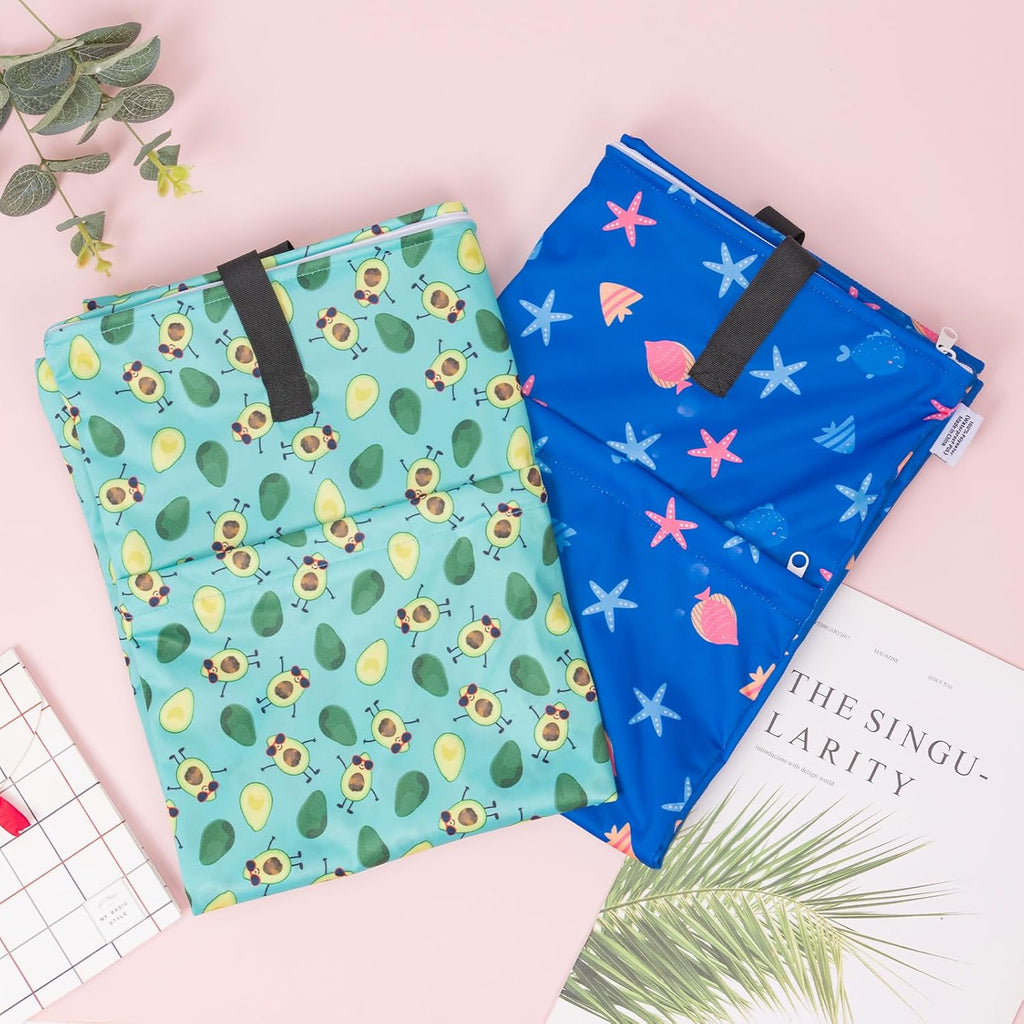 ALVA ALVABABY 2 Pack Large Wet Dry Bag Waterproof Hanging Cloth Diaper with Double Zippered Pockets 25x18 inches (Avocados and starfish)