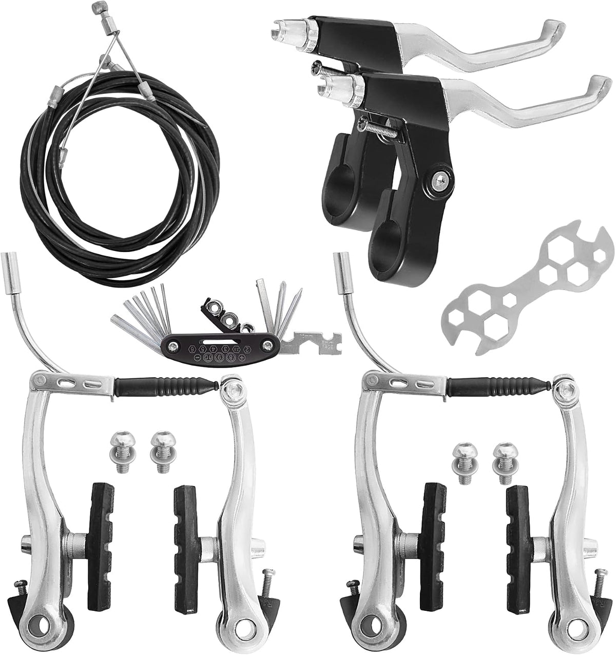 Gashwer V-Type Bike Brakes Set, Complete Universal Bike Front and Rear MTB Bicycle Brake, Inner and Outer Callipers Cables Lever Kit with Multi-Tool Wrenches Silver