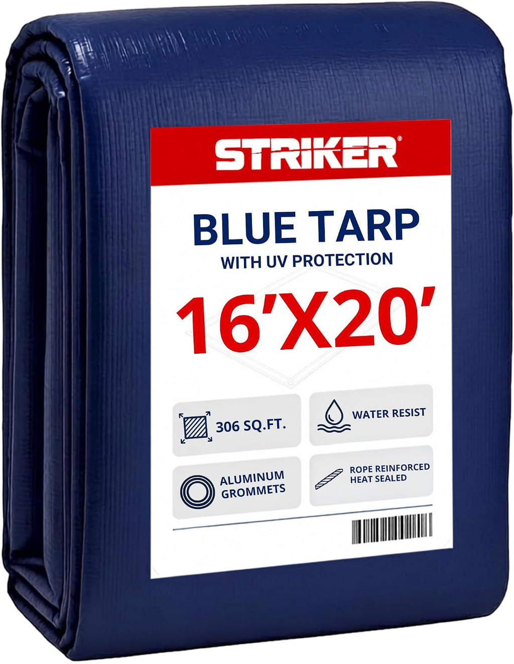 Striker Blue Tarp, Waterproof, UV Resistent, Covers 306 Sq. Ft 16' X 20'