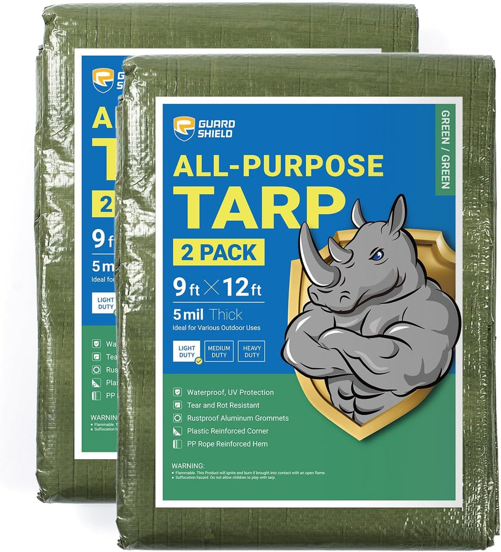 GUARD SHIELD Tarp Green 9x12 Feet Multi Purpose Waterproof Poly Tarp Cover 5mil (2-Pack)