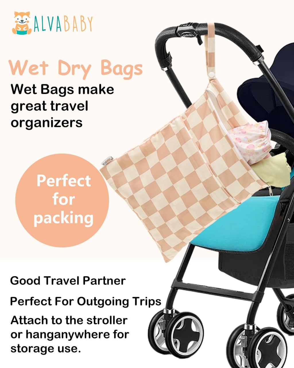 ALVA ALVABABY 2pcs Waterproof Wet Dry Bags,Reusable with Two Zippered Pockets,Baby Cloth Diaper,Travel,Beach,Pool,Daycare,Soiled Baby Items,Yoga Gym Bag,Swimsuits or Wet Clothes 2LW09