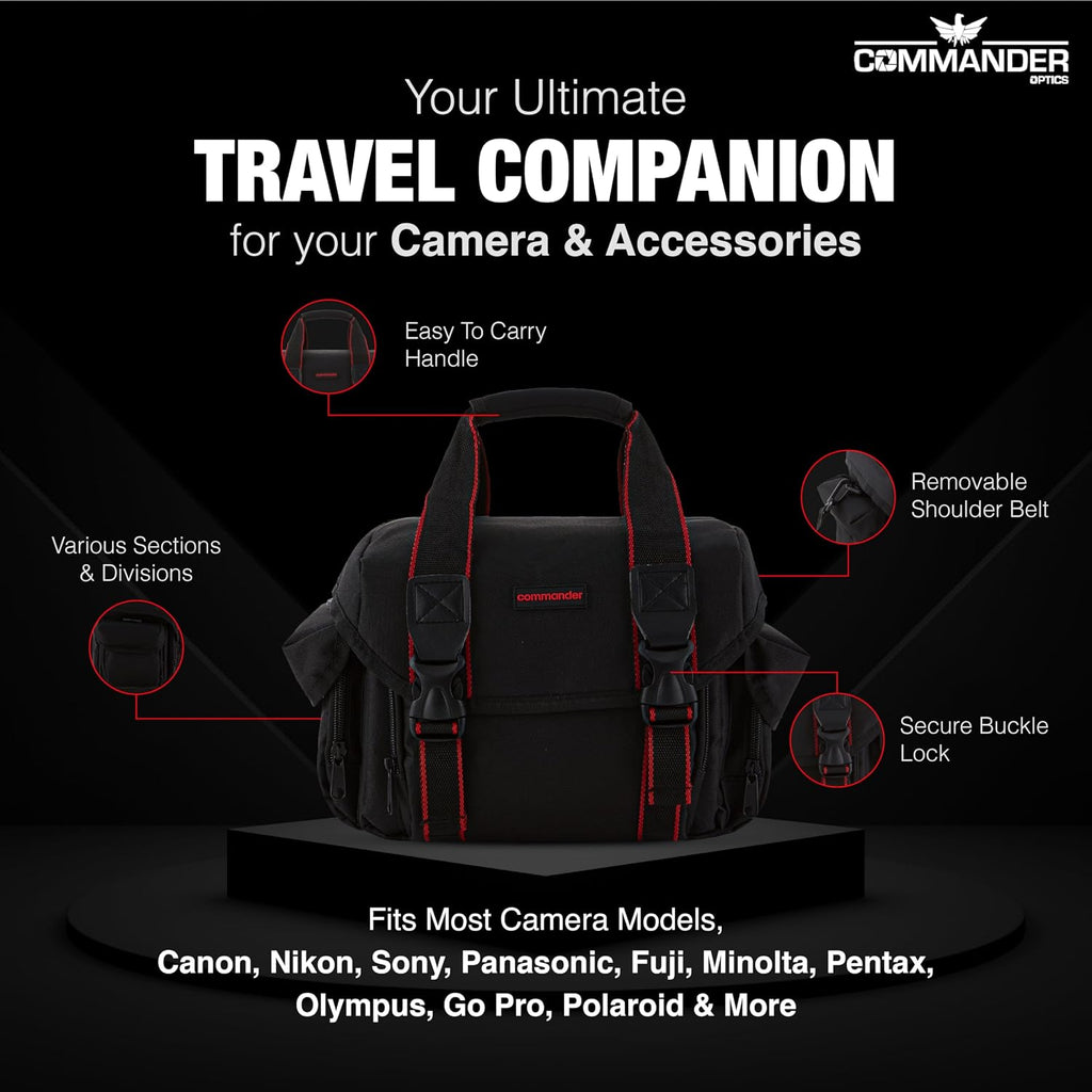 COMMANDER OPTICS Large Camera Bag - Water Resistant, Soft Padded, Spacious Travel Bag for Canon EOS, Nikon, Sony & More DSLR Cameras/Camcorders Ample Storage and Protection for Your Equipment (Large)