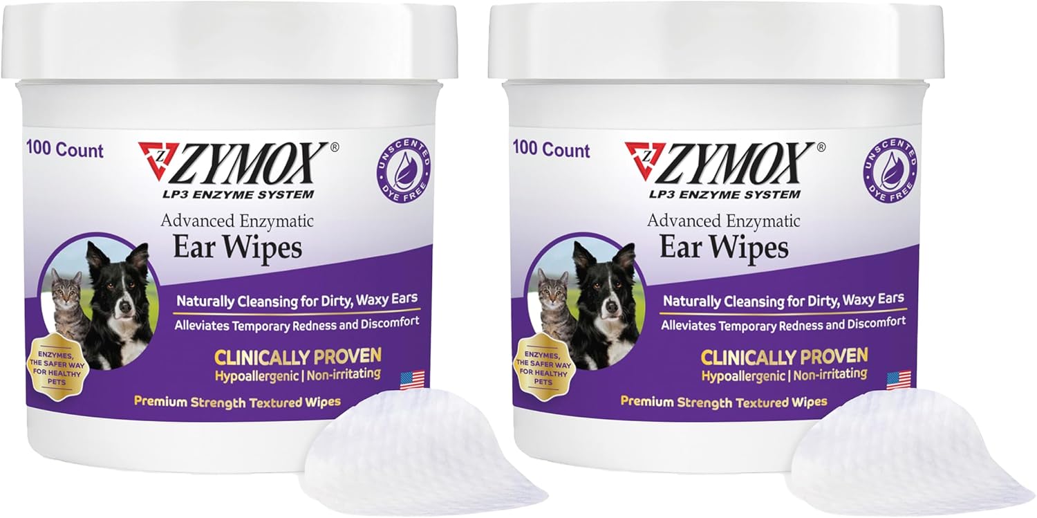 Zymox Advanced Enzymatic Ear Wipes for Dogs and Cats - for Dirty, Waxy, Smelly Ears - Premium Strength Ear Cleaner Wipes - Non-Irritating - Hypoallergenic - 100 ct